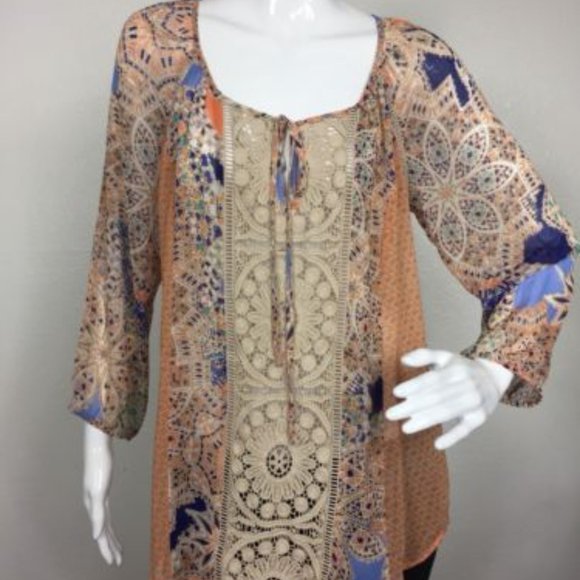 Anthropologie Meadow Rue Silk Crochet Flower Boho Blouse - Picture 7 of 8